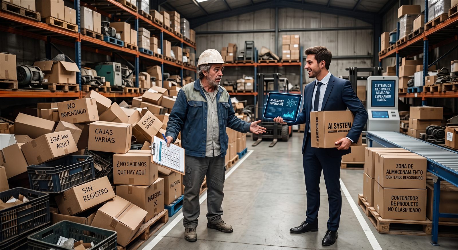 Un vendedor de IA le muestra una tablet a un operario de bodega rodeado de cajas sin inventariar