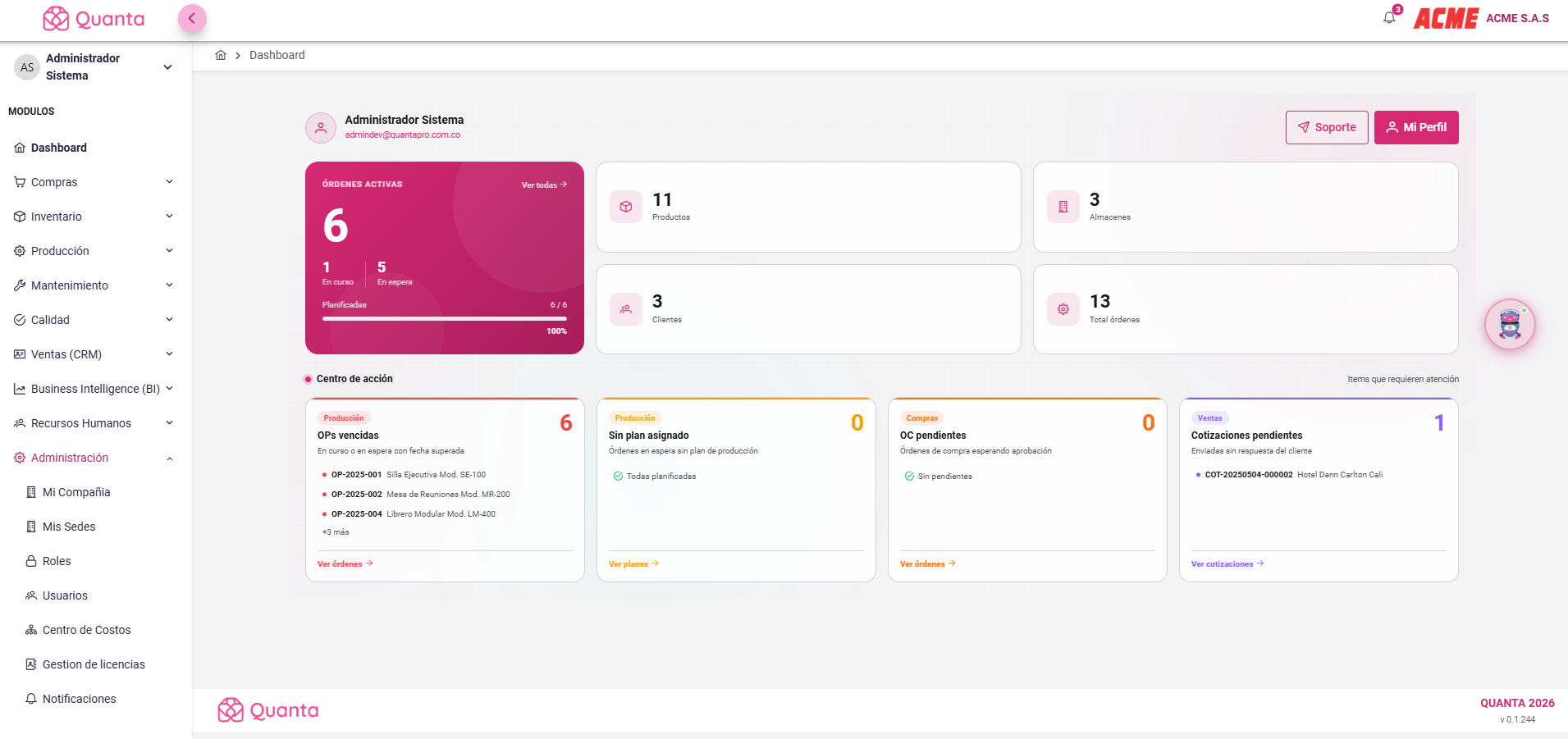Dashboard de Quanta, software ERP industrial con módulos de producción, compras e inventario
