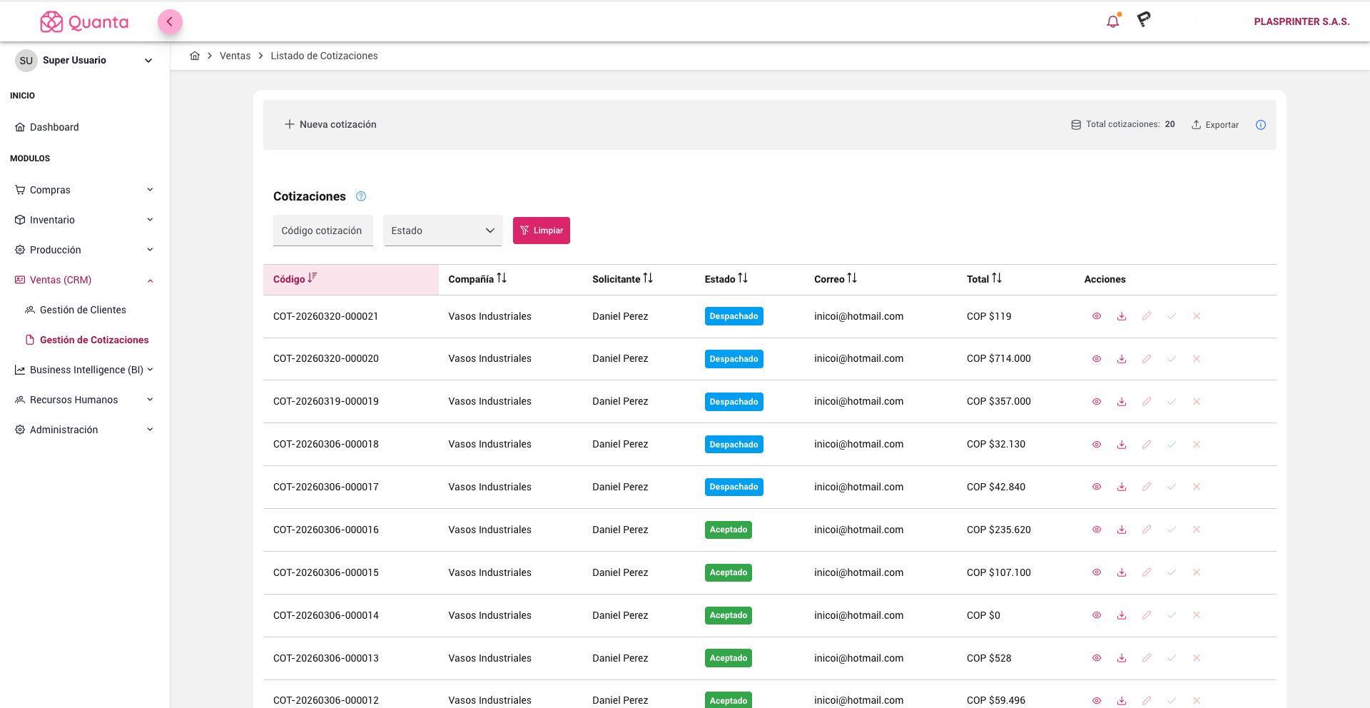 CRM Quanta - seguimiento de clientes y oportunidades